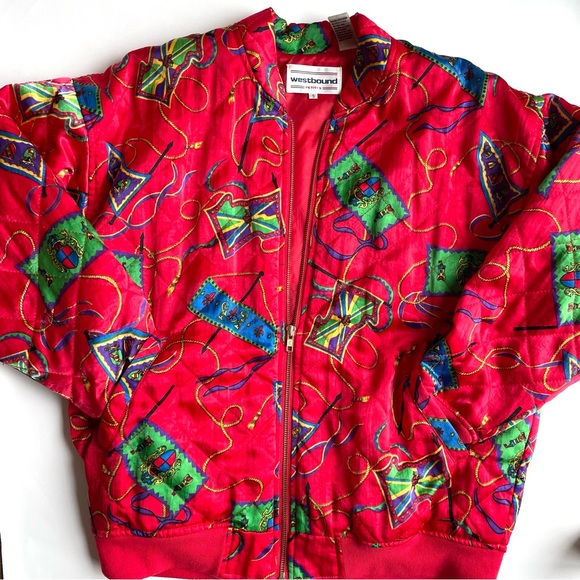 VTG Bomber Jacket Unisex Petite Sz S Red Print Eclectic Maximalist Avant Garde - Picture 6 of 8